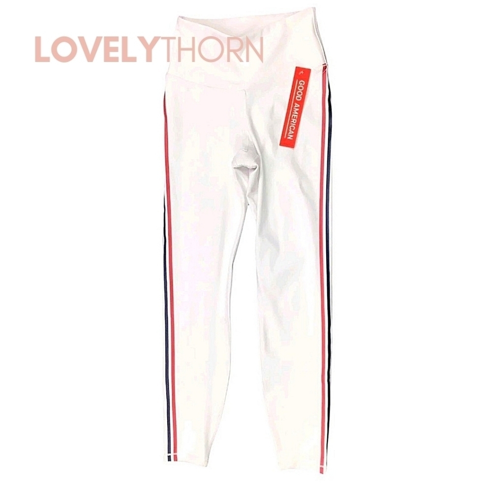 GOOD AMERICAN // white high rise 7/8 leggings red & blue side stripes - Picture 2 of 9